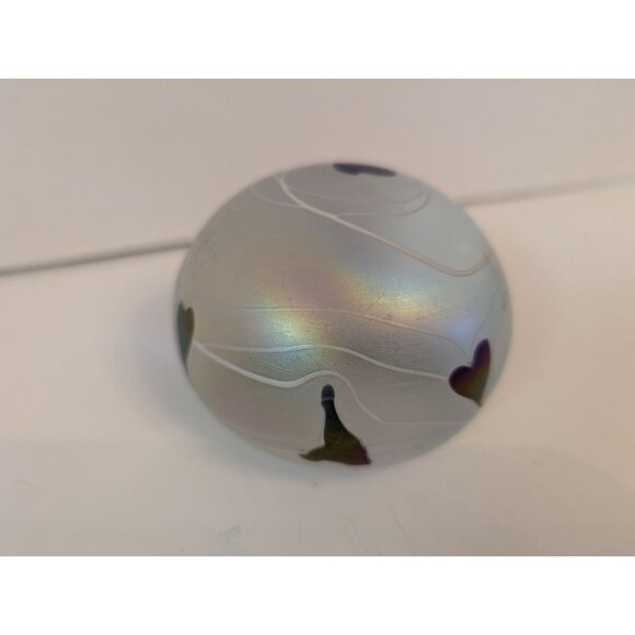Handblown Iridescent Glass Paperweight With Heart Design & Swirl Pattern - Picture 4 of 6